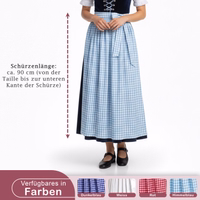 Dirndlschürze ca. 90 cm lang von Taille bis Kante. Unten Text „Verfügbares in Farben“: Dunkelblau, Weiss, Rot, Himmelblau.