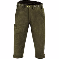 Front view of hunting pants made from 100% leather in a hunting green color. Features include a loop for a belt, side pockets, a dedicated knife pocket, adjustable knee buckles, and buttoned back pockets.