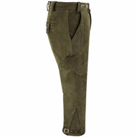 Side view of knee-length traditional leather pants in hunting green. Features include classic decorative buttons, a front zipper, and a hook-and-button closure.