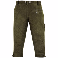 Back view of traditional hunting pants in a hunting green color, featuring a polyester inner lining, adjustable knee buckles, buttoned back pockets, and crafted from hunting leather.