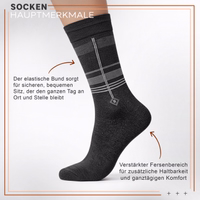 Black sock with German text describing features such as robust, non-slip, and 2.0 TOG