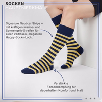  Socks with nautical stripe pattern in navy blue and yellow, reinforced heel visible