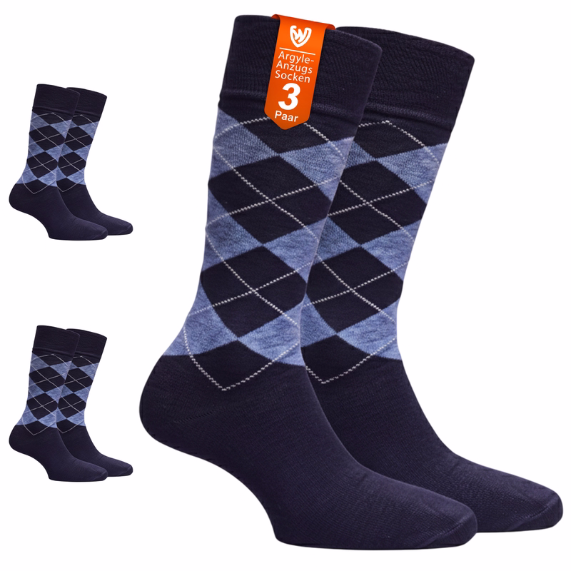 3er-Pack Argyle-Baumwollsocken – klassisches Rautenmuster, Business- und Freizeitsocken, Schwarz 3-Paar schwarz Business-Anzugsocken mit Argyle-Muster in Verpackung gestapelt