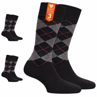 3 pairs of black business dress socks with argyle pattern stacked in packaging