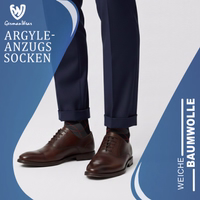 Packaging with black business dress socks in argyle pattern, German text visible on front