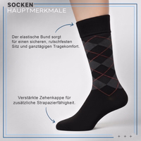 Close-up of a black business sock with argyle pattern, cuff and toe area visible