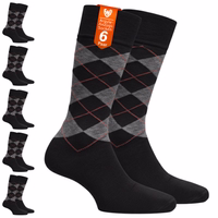 6 pairs of black business dress socks with argyle pattern stacked in packaging