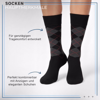 Front view of a blue business suit sock with argyle pattern, German text visible in the background