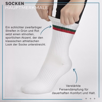 12er-Pack Sportsocken mit hohem Schaft, weiße Baumwollsocken für Laufen Sport crew socken mit zweifarbigen grün-roten streifen, verstärkter ferse und sportlichem look