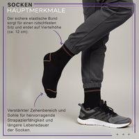 Detailansicht der dünnen Sportsocken, Herren, schwarz Sportsocken – zeigt eine knöchelhohe schwarz Sportsocke mit sicherem elastischem Bündchen sowie verstärkter Zehen- und Sohlenpartie für rutschfesten Sitz und langanhaltende Haltbarkeit beim Training.