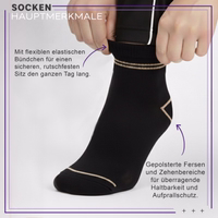 12er-Pack dünne Sportsocken, schwarz, aus atmungsaktiver Baumwolle – ideal für Laufen, Fitness, Training und alle aktiven Workouts Detailansicht der dünnen Sportsocken, schwarz Sportsocken – zeigt die wichtigsten Merkmale: flexible, elastische Bündchen für rutschfesten Sitz sowie gepolsterte Fersen- und Zehenbereiche für Langlebigkeit und Stoßschutz während des Trainings.