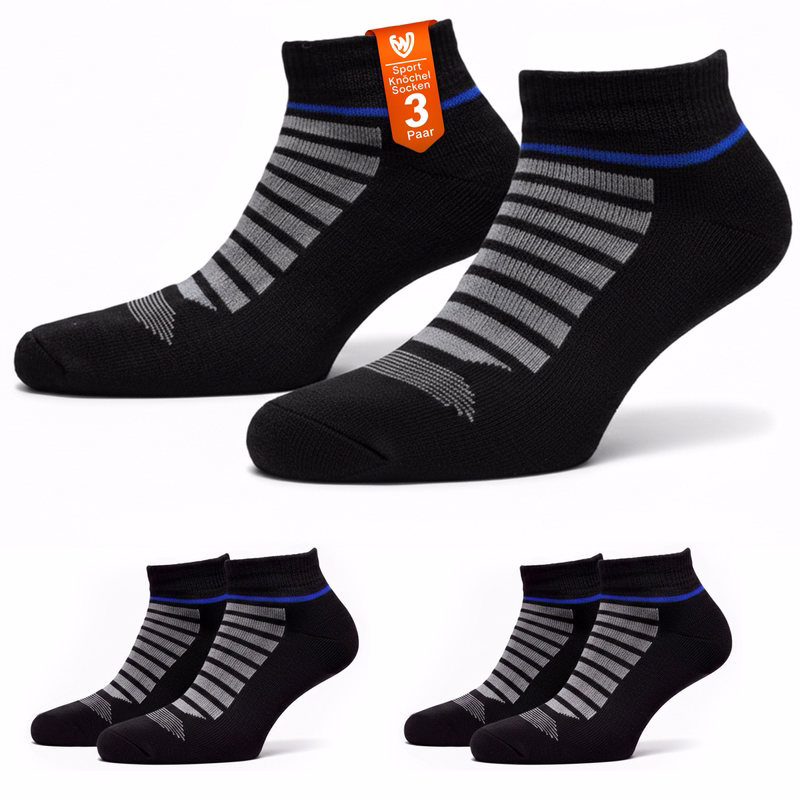 3-Pack Short Sports Ankle Socks - Black Short Sport Socks for Running, Gym or Casual Use Packaging containing 3 pairs of unisex cotton sports ankle socks, ankle-length design with a sporty look.