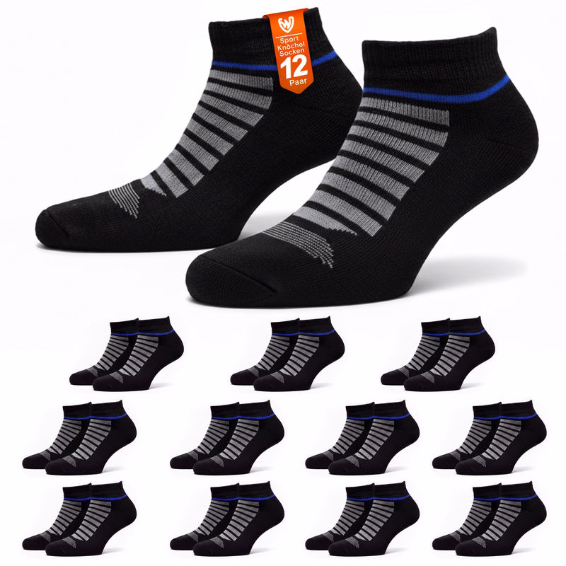 12-Pack Short Sports Ankle Socks - Black Short Sport Socks for Running, Gym or Casual Use Packaging containing 12 pairs of unisex cotton sports ankle socks, ankle-length design with a sporty look.
