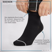 Diabetic socks lying flat, cuff and heel area visible, text visible on the sock