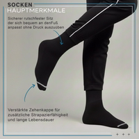 Diabetic sock lying flat, toe area visible, German text visible on the socks
