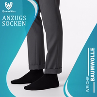 Packaging with black business formal socks, GermanWear logo visible, text on label visible