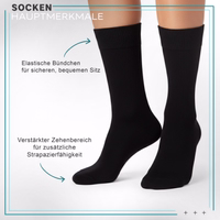 12-Paar schwarze Business-Socken Schwarz Business-Formalsocke flach liegend, elastisches Bündchen und Zehenbereich sichtbar, deutscher Text sichtbar