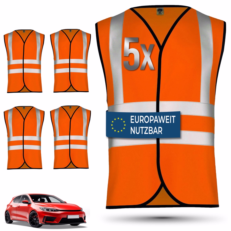 5x Auto Warnweste Sicherheitsweste einsetzbar Pannenweste PKW Sicherheitsweste Europaweit gültig nach aktueller Norm 2026 EN ISO 20471