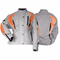 Women's Cordura motorcycle jacket in Grey/Orange color front &rear views, equipped with arms, elbow, shoulders, &back protectors it also features two sewn-in pockets in the front closed by a hidden zipper
