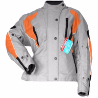 Women's motorcycle jacket in Grey/Orange color front view design, This Jacket is closed down at the end of the zipper & buttons, it is equipped with numerous protectors,& Removable inner lining along with a stand-up collar
