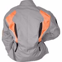 Women's motorcycle jacket in Grey/Orange showcases its rare view design, equipped with arm, shoulder, elbow, &back protectors, featuring windproof properties &reflective stripes. Additionally, it boasts a chest pocket.