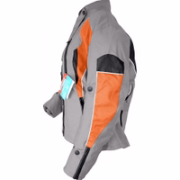 Women's motorcycle jacket in Grey/Orange showcasing its arm view design equipped with arms, shoulders, elbow, and back protectors. The cuffs are outfitted with zipper & 2 sewn-in pockets in the front: closed by a hidden zipper