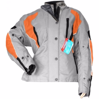 Ladies Cordura Textile Jackets, Motorcycle jacket Women's motorcycle jacket in Grey/Orange color front view design, complete with zipper and button closures it is equipped with arms, shoulder, elbow, back & chest protectors, along with an adjustable belt