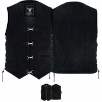 Veredle deinen Biker Stil mit der klassischen schwarzen Wildlederweste in Vorder und Rückansicht Gefertigt aus echtem Wildleder vereint sie Strapazierfähigkeit und Weichheit Mit verstellbaren Seitenschnüren und mehreren Taschen ein Must have für jeden Fahr