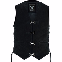 Vorderansicht der Premium BULLDT schwarzen Wildleder Motorradweste Echtes Wildleder verstellbare Seitenschnüre und zahlreiche Taschen machen sie perfekt für Biker Steigere Stil und Funktionalität auf der Straße Bestelle jetzt für Premium Qualität und Komfo