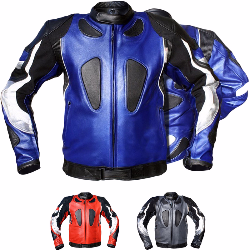 Motorrad-Kombijacke aus Rindsleder Motorrad-Kombijacke mit gestepptem Innenfutter, Vorder- & Rückansicht in Dunkelblau. Mit Protektoren, 2 Fronttaschen mit verdeckten Reißverschlüssen. Reißverschluss- & Klettverschluss, erhältlich in zwei weiteren Farben.