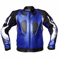  Dark blue men's motorcycle jacket in front view crafted from finest cowhide leather. Equipped with protectors for arms, shoulders, elbows, chest, & back. Secured with Velcro strap at zipper's end, featuring Velcro-adjustable waist