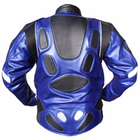 Motorcycle combination jacket In dark blue, displays its rear view, boasting a polyester inner lining. Equipped with shoulder, elbow, chest,& back protectors, it also ensures good durability in case of slipping accidents