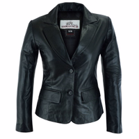 Front view of Premium Ladies Genuine Leather Blazer. Crafted from 100% lamb nappa leather, this soft comfortable jacket is perfect for any occasion. Enjoy the convenience of an inside chest pocket belly-height side pocket. Free returns worldwide