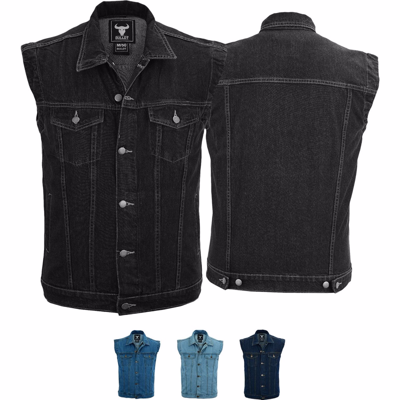 Front &rear view of dark blue Denim Motorcycle Vest. Made from 100% cotton denim, it's durable &stylish. Featuring button &zip closure, ample pockets,& a sleek Kent collar. A must-have for bikers, exclusively from German Wear. Purchase today