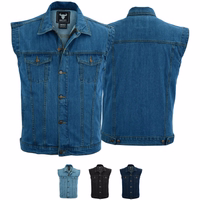 Front &rear view of medium blue Denim Motorcycle Vest. Made from 100% cotton denim, it's durable &stylish. Featuring button &zip closure, ample pockets,& a sleek Kent collar. A must-have for bikers, exclusively from German Wear. Purchase today
