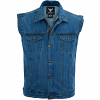 Ride in style with medium blue Denim Biker Vest. Crafted from premium cotton denim, it offers both durability &comfort. Complete with front button zip closure, multiple pockets,& a fashionable Kent collar. Don't miss out on this essential biker accessory