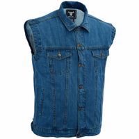 Dominate the road with Motorcycle Denim Vest. Made from high-quality cotton denim, it's designed for modern biker. With its button& zip closure, practical pockets,& stylish Kent collar, it's perfect blend of fashion& functionality. available at Discount