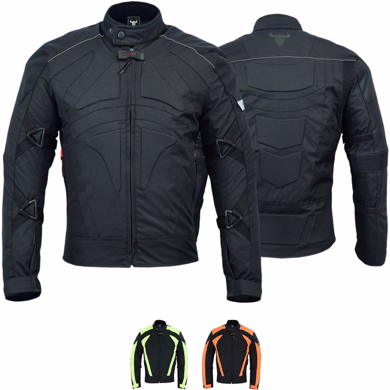 Cordura Textile Motorcycle Short Jacket Men's motorcycle jacket in Black color front and rear view design, made of Cordura polyester 600D & Water-repellent nylon, complete with zipper &velcro closures. Jacket is equipped with arms, shoulders, and back protectors
