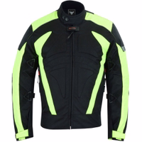 Herren-Motorradjacke in Grün, Vorderansicht. Gefertigt aus Cordura-Polyester 600D und wasserabweisendem Nylon, mit Reißverschluss- und Klettverschlüssen. Ausgestattet mit Protektoren an Armen, Schultern und Rücken.