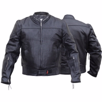 Men's motorcycle cruiser jacket in black, showcasing both front & rear views. This jacket is secured at the front with a full-length zipper, crafted meticulously from cowhide leather