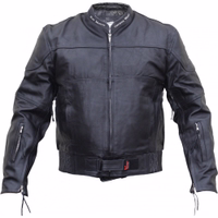 Men's motorcycle leather jacket in black front view design. Made from Split-Cowhide & Removable Stuffing, the jacket features two Side pockets on the front, & one Chest pocket on the left side closed with zippers