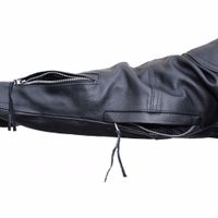 Men's motorcycle leather jacket in black showcasing its arm view design. This jacket is equipped with an airflow zipper on the sleeves & also the cuffs with a zipper closure Sleeves can be widened with a zip