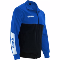 Side view of OMKA Men’s Sport Blue Jacket designed with ergonomic tailoring and breathable ventilated panels, offering full flexibility for soccer, gym or jogging, order OMKA jacket online now