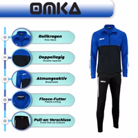 Features show of OMKA Men’s Sport Blue Tracksuit highlighting fleece lining, sweat wicking breathable fabric, lightweight durability and tailored fit for performance and leisure, shop online now
