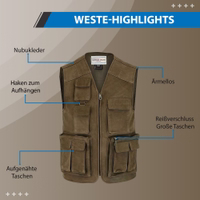 Dunkelbraune Herren-Jagdweste aus Leder mit Frontreißverschluss, integrierter Innentasche und aufgenähten Taschen. Das weiche, bequeme Design mit V-Ausschnitt und langlebigem Polyesterfutter ist ideal für Outdoor-Abenteuer.