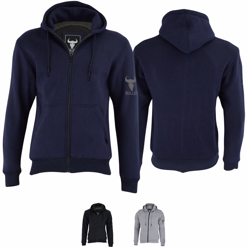 Motorrad-Hoodie mit Aramid-Protektoren Vorder- und Rückansicht – Herren-Motorrad-Hoodie in Marineblau. Bietet umfassenden Schutz mit Protektoren an Armen, Schultern, Vorder- und Rückseite. Die vollständige Beschichtung mit Aramidfasern erhöht Langlebigkeit und Sicherheit.
