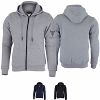 Vorder- und Rückansicht – Herren-Motorrad-Hoodie in Grau. Bietet umfassenden Schutz mit Protektoren an Armen, Schultern, Vorder- und Rückseite. Die vollständige Beschichtung mit Aramidfasern erhöht Langlebigkeit und Sicherheit.