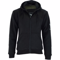 Vorderansicht – Herren-Motorrad-Hoodie in Schwarz mit mehreren Protektoren. Dreilagiger Aufbau: Außenmaterial aus 100 % Baumwolle, mittlere Schicht aus Aramidfasern und Innenfutter aus Polyester-Mesh für Schutz und Komfort.