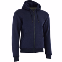 Seitenansicht vorne – Herren-Motorrad-Hoodie in Marineblau mit Kevlar-Futter an Aufprallzonen, Ärmeln, Seiten und Rücken. Zusätzlich ausgestattet mit Protektoren an Armen, Schultern, Rücken und Brust für umfassenden Schutz.