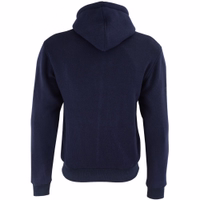 Rückansicht – Herren-Motorrad-Hoodie in Marineblau mit maschinenwaschbarer Kapuze und durchgehendem Reißverschluss. Zusätzlich ausgestattet mit zwei Außentaschen mit Reißverschluss und einer Innentasche für extra Komfort.